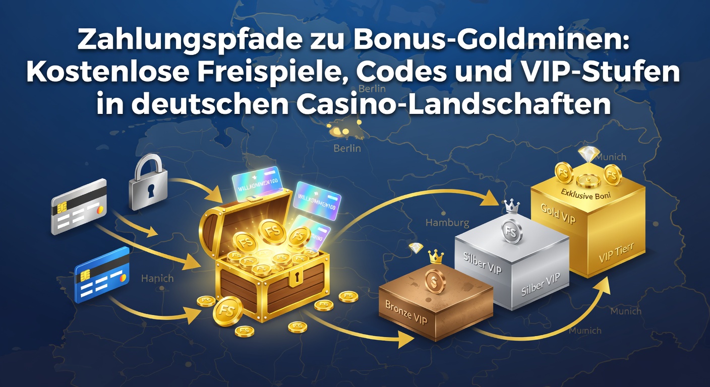 Grafik zeigt Zahlungsportale und Bonus-Symbole in einem deutschen Casino-Kontext, mit Pfeilen von Einzahlungen zu Freispielen und VIP-Treppen