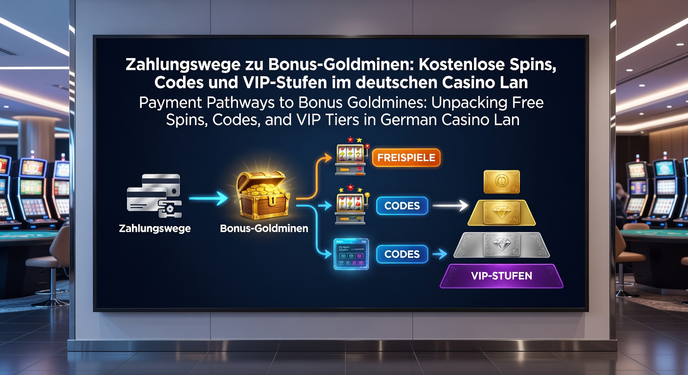 Detaillierte Infografik mit VIP-Stufen, Code-Eingabefeldern und Zahlungspfeilen zu Goldminen-Symbolen in der deutschen Casino-Welt