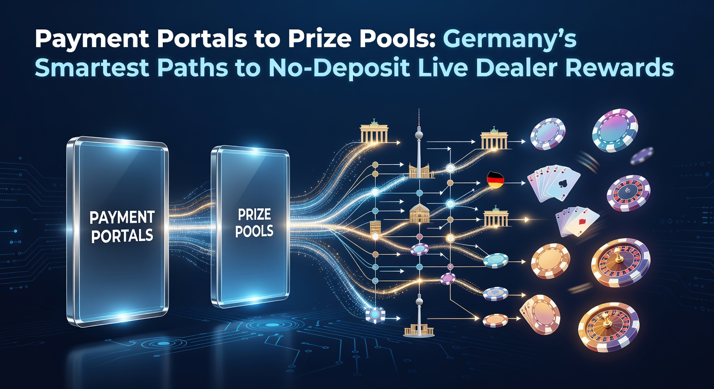 Darstellung eines digitalen Zahlungsportals, das zu leuchtenden Preispools in einem Online-Casino führt, mit Fokus auf Live-Dealer-Spiele und No-Deposit-Belohnungen