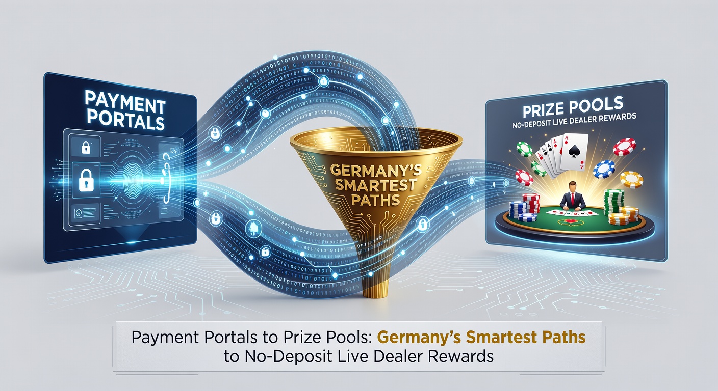 Visuelle Darstellung eines No-Deposit-Bonus-Flows von Zahlungsportal zu Live-Dealer-Preispool, inklusive deutscher Casino-Elemente und Jackpot-Indikatoren