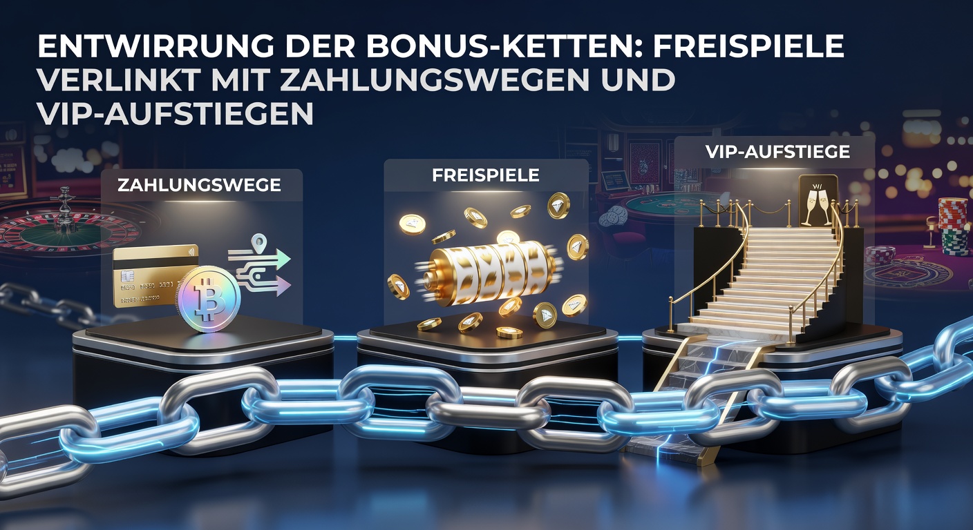 Grafik zeigt verflochtene Ketten aus Freispielen, Zahlungssymbolen und VIP-Stufen in einem Casino-Umfeld